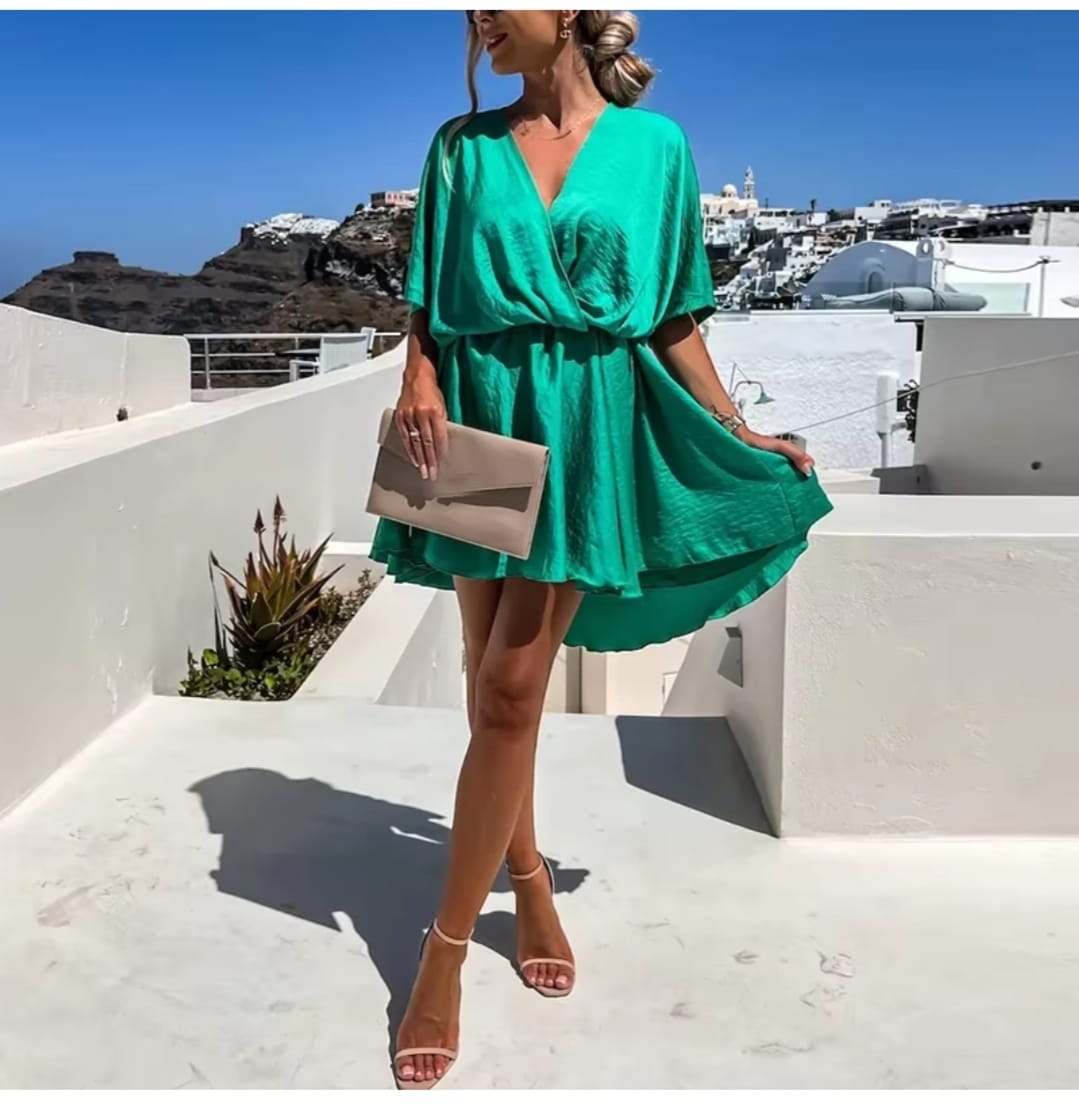 Sexy V Neck Dresses For Women Elegant Short Sleeve Solid A-line Loose Mini Dress