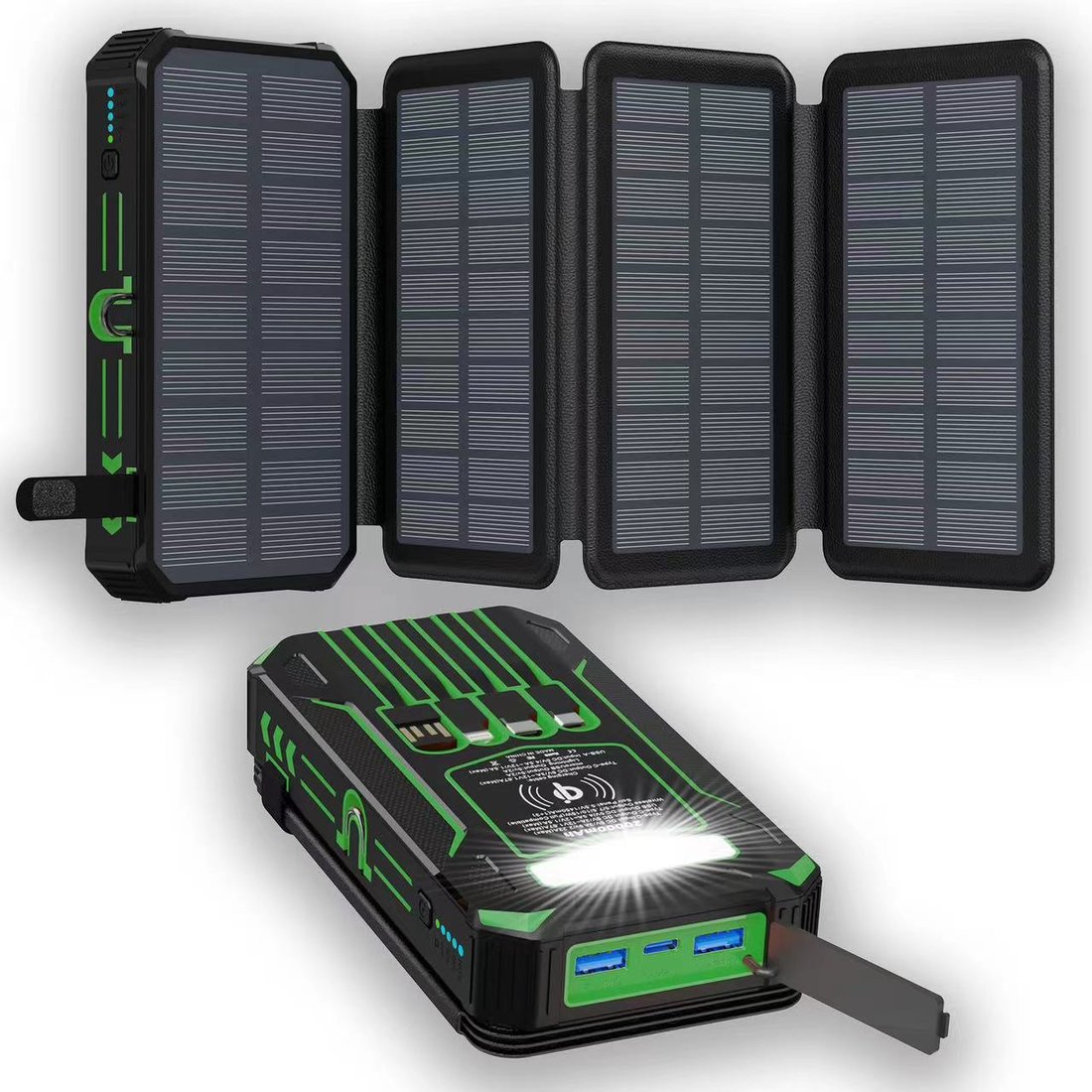 20000mAh Solar Power Bank with Foldable Panels, Wireless Charging & LED Flashlight