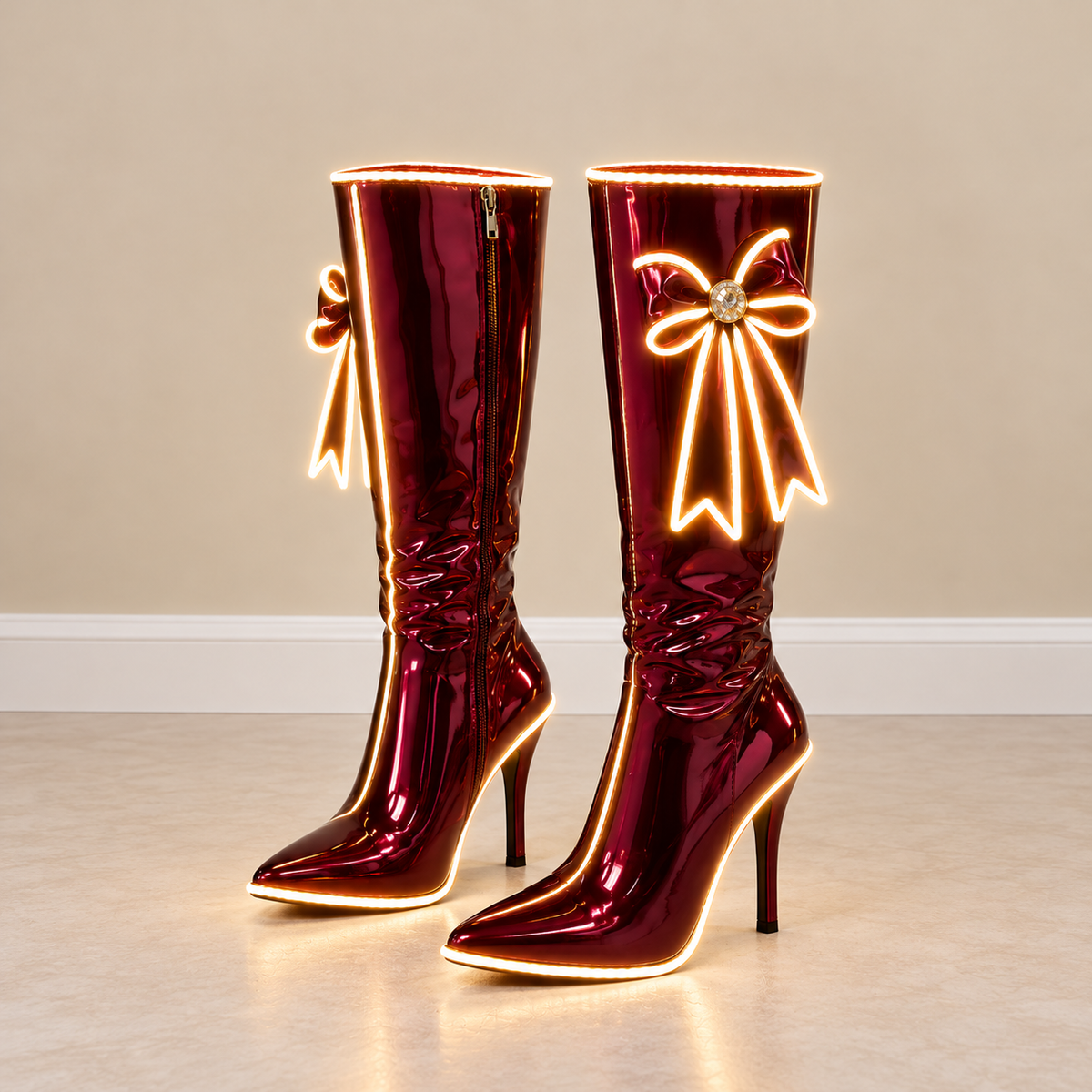Women’s Burgundy Christmas Boots with Glowing Gold Trim & Decorative Bows