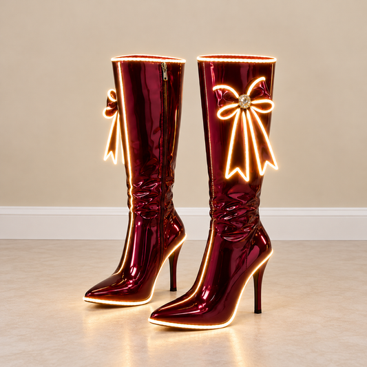 Women’s Burgundy Christmas Boots with Glowing Gold Trim & Decorative Bows