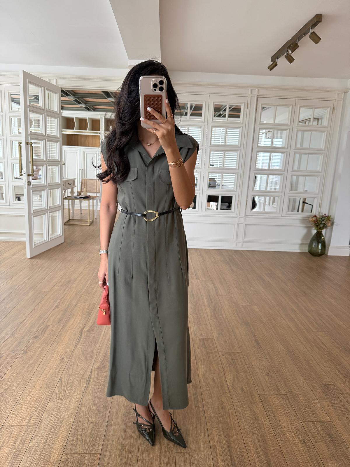 Parley Zero Sleeve Button Placket Belted Dress