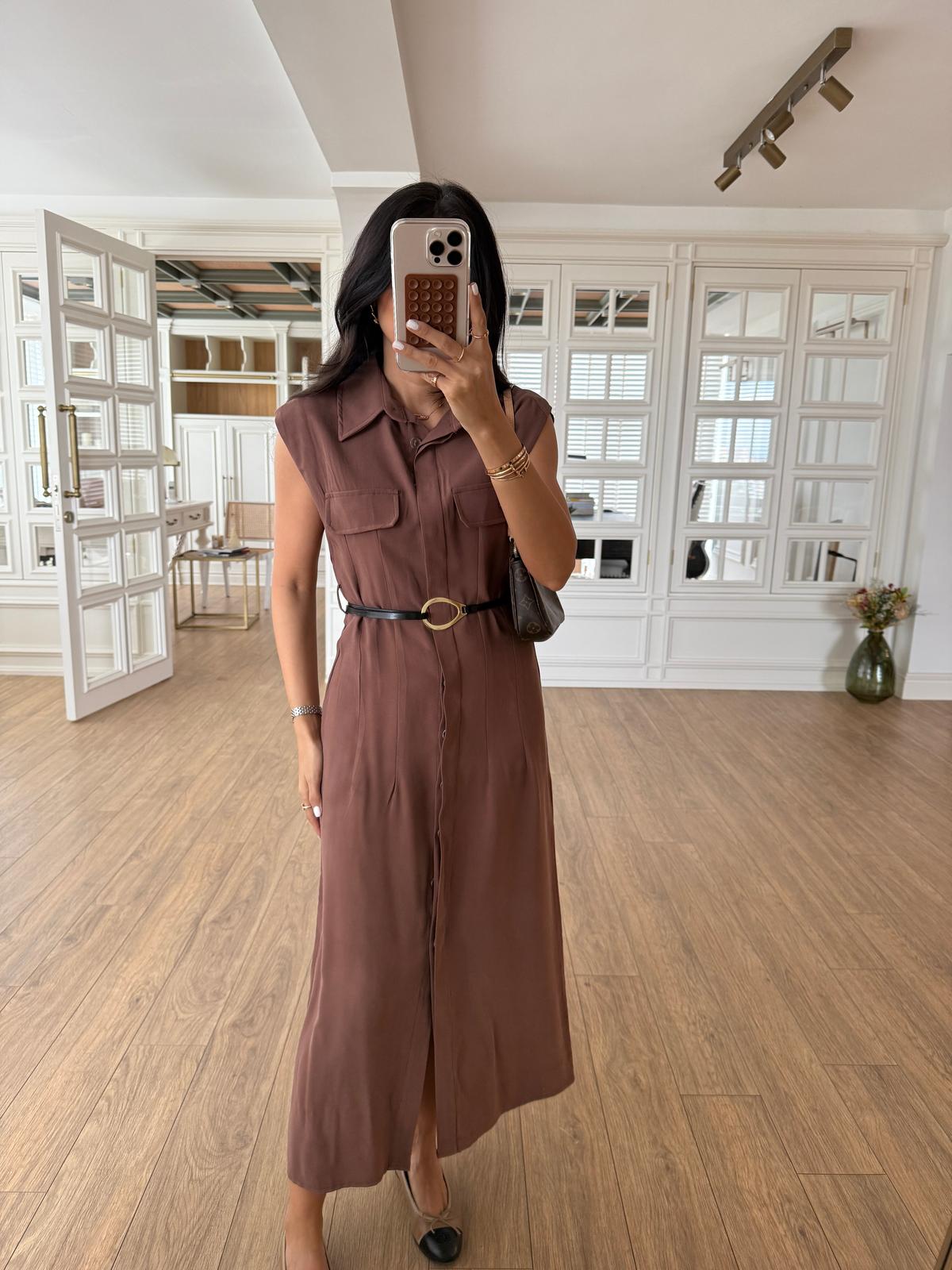 Parley Zero Sleeve Button Placket Belted Dress