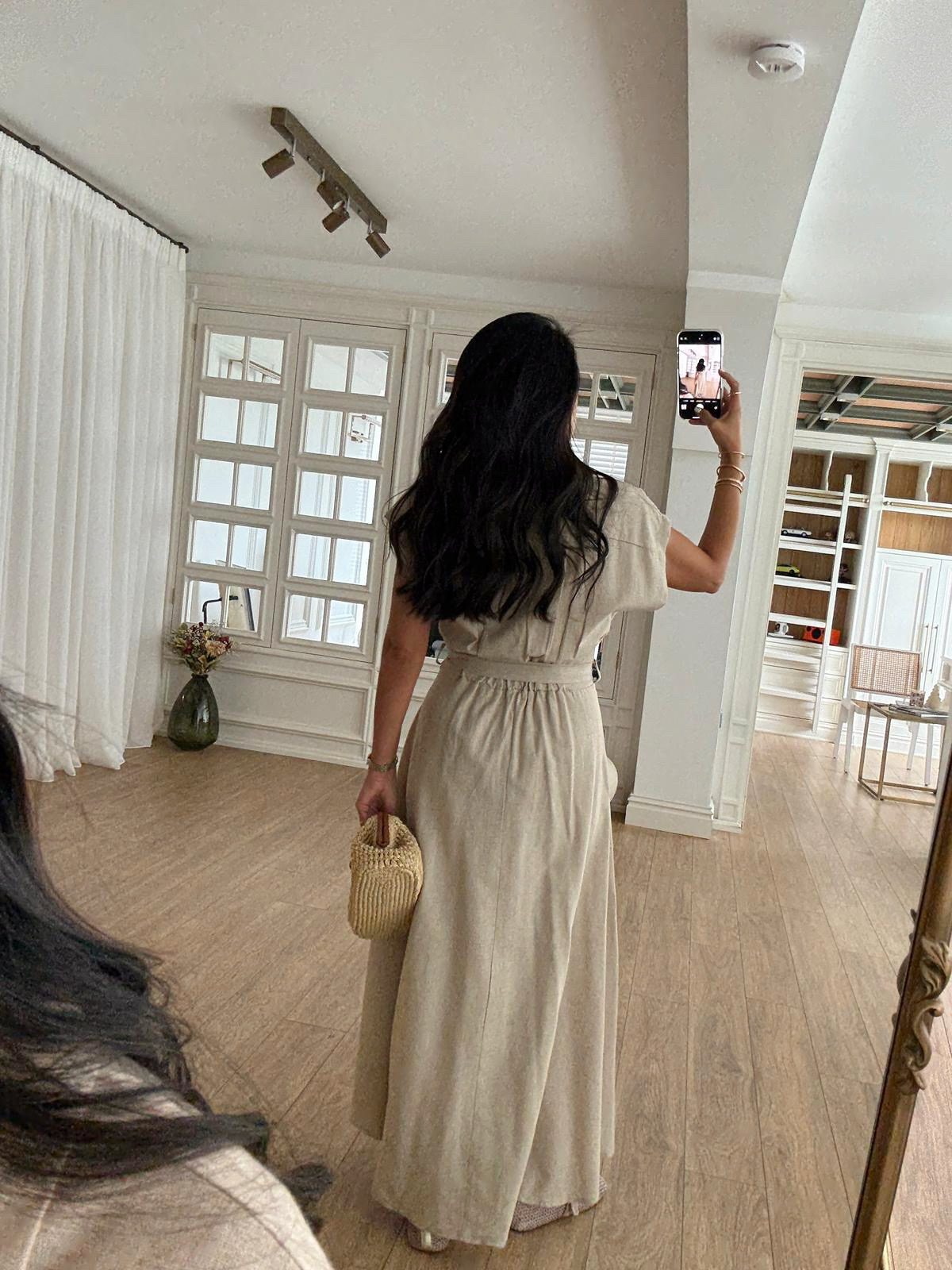 Omilika Gold Buttoned Belted Linen Dress