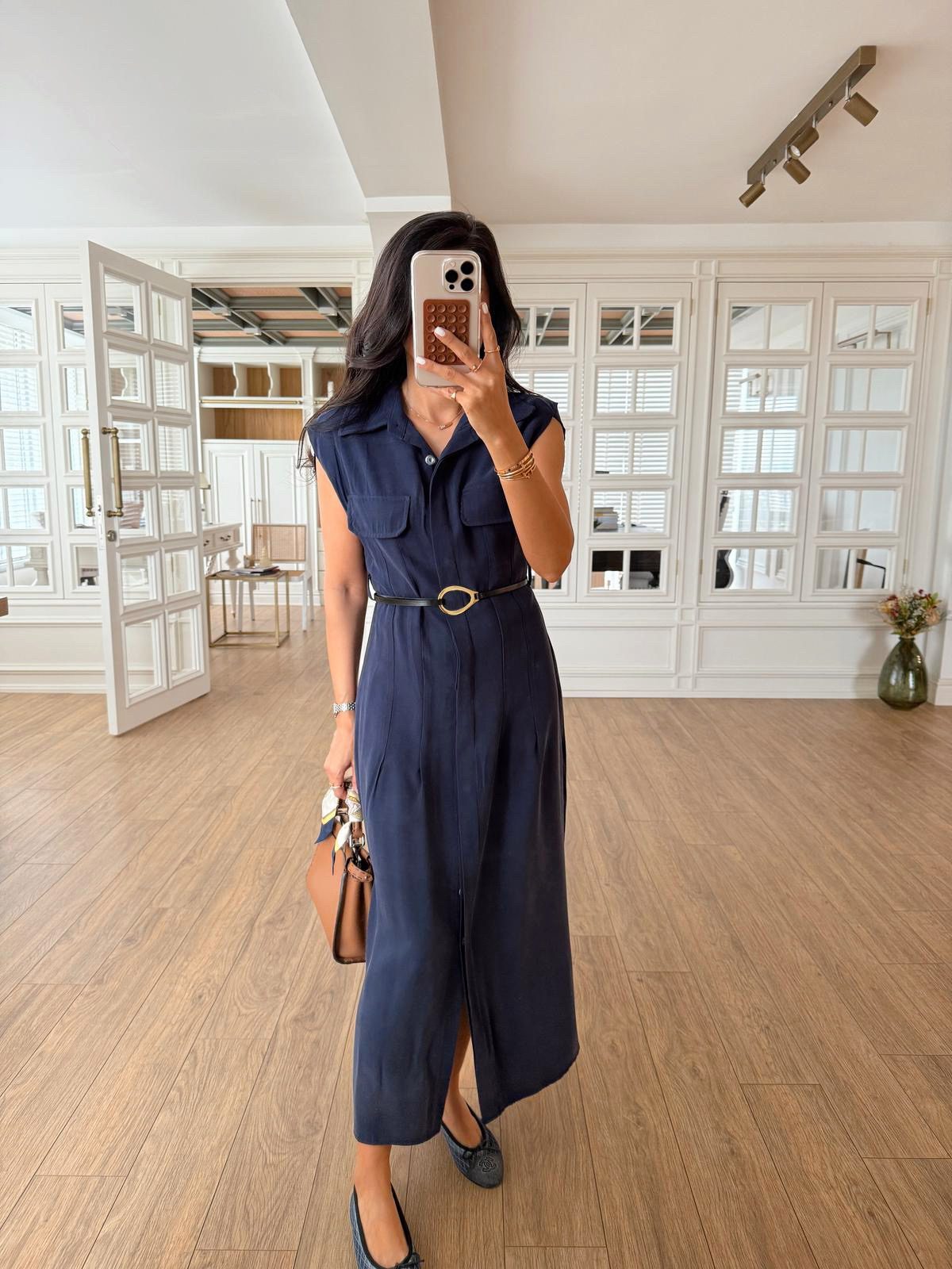 Parley Zero Sleeve Button Placket Belted Dress