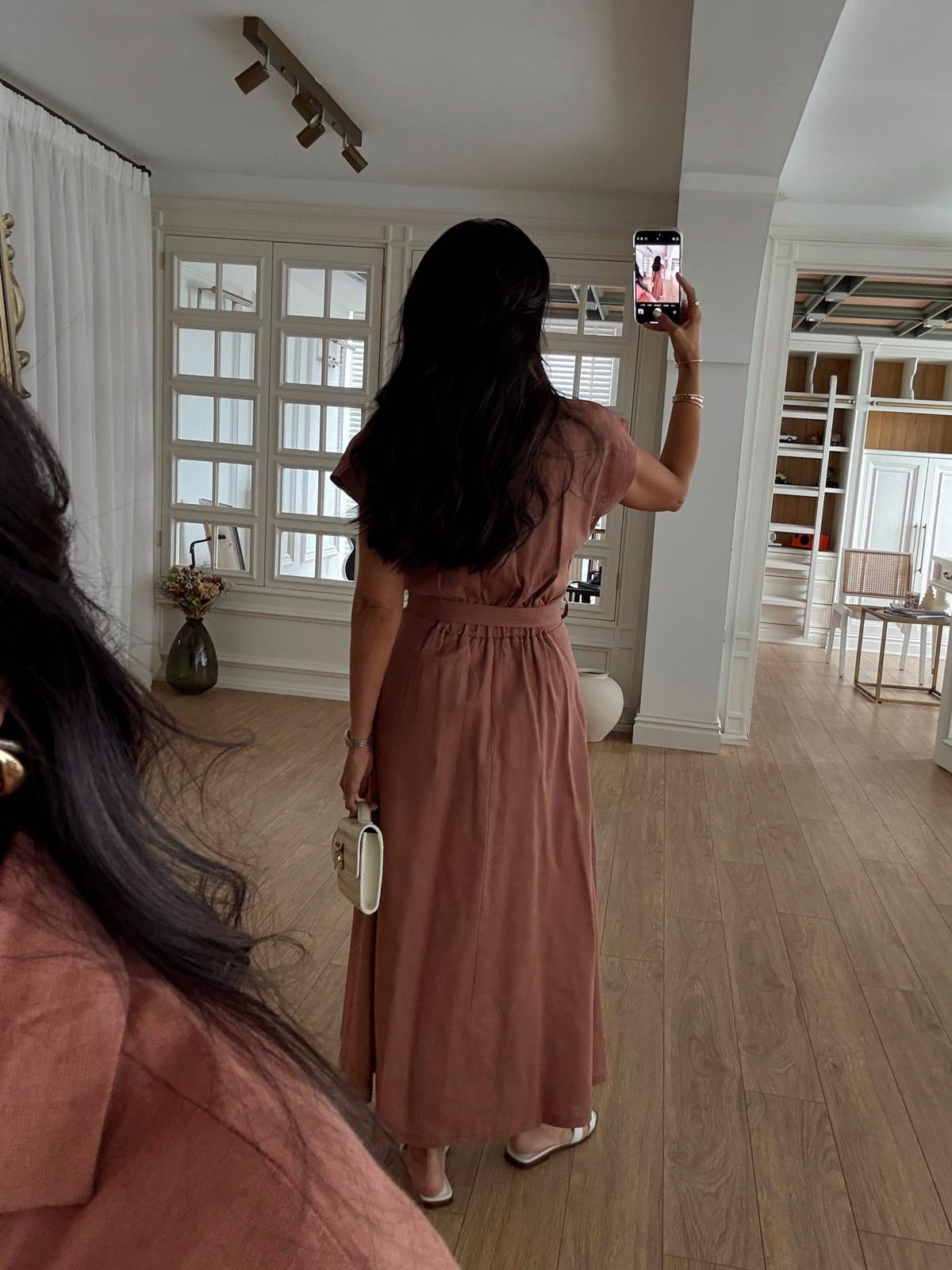 Omilika Gold Buttoned Belted Linen Dress