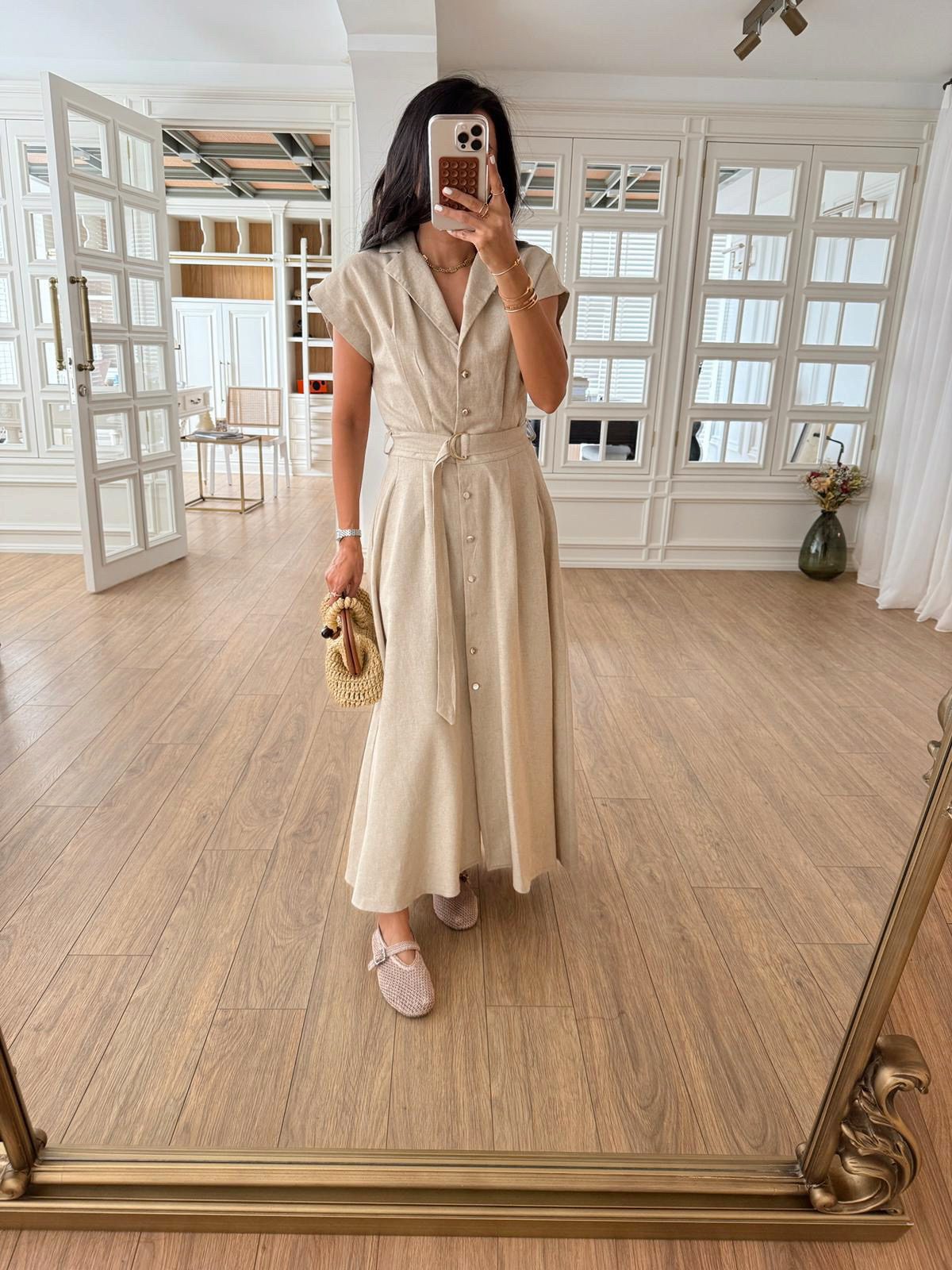 Omilika Gold Buttoned Belted Linen Dress