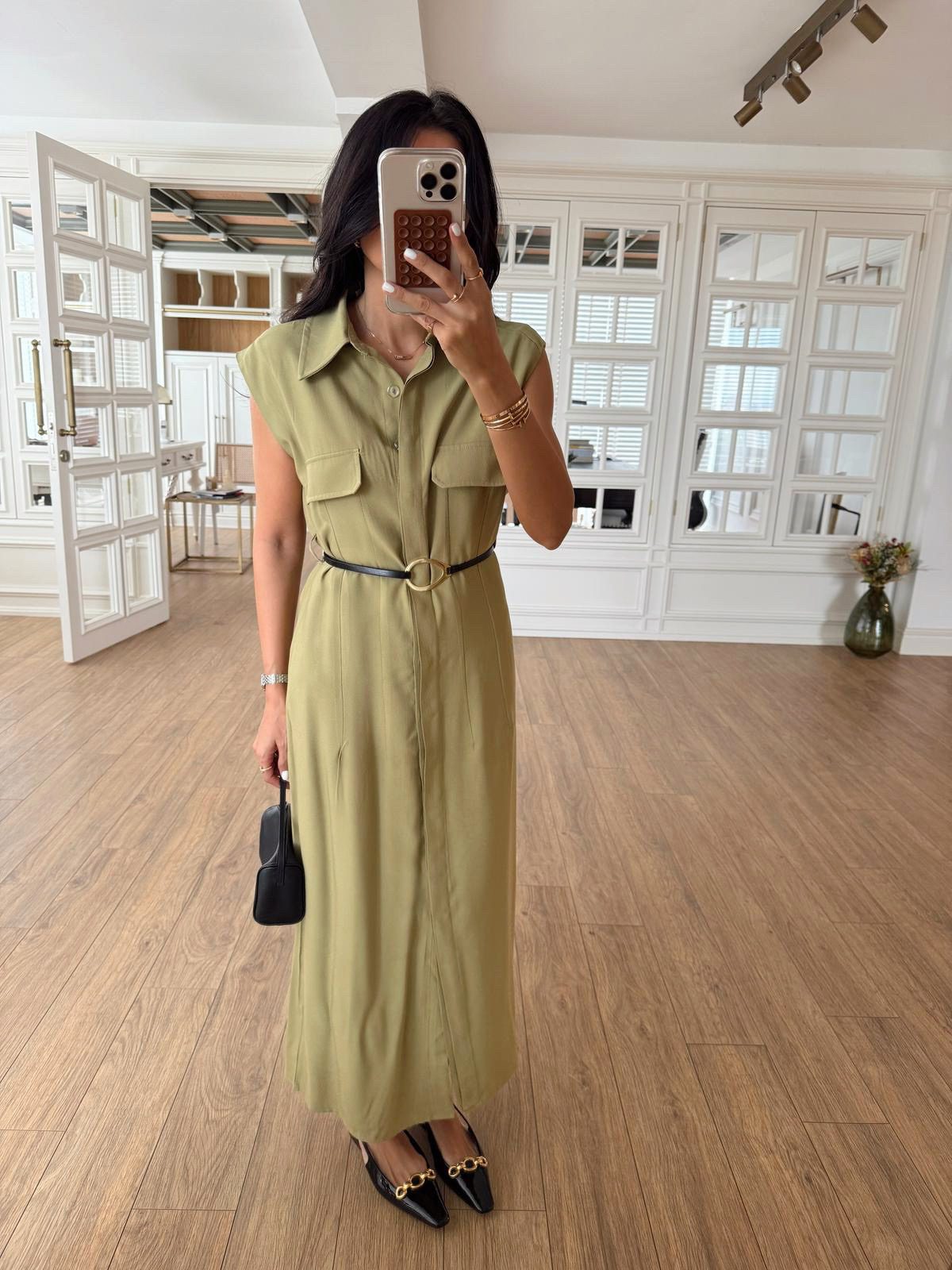 Parley Zero Sleeve Button Placket Belted Dress