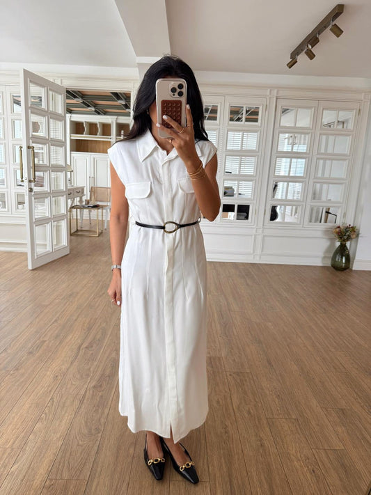 Parley Zero Sleeve Button Placket Belted Dress