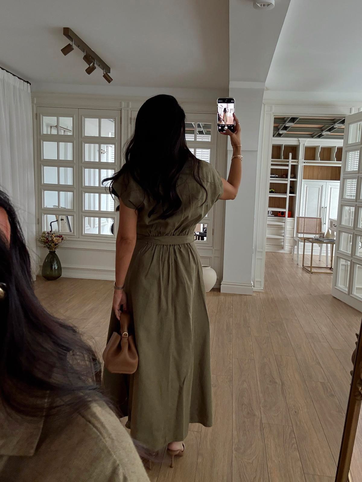 Omilika Gold Buttoned Belted Linen Dress