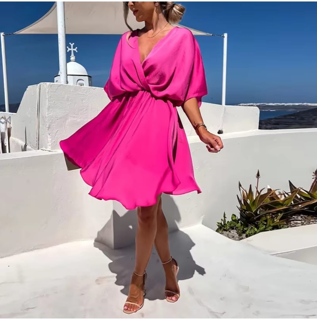 Sexy V Neck Dresses For Women Elegant Short Sleeve Solid A-line Loose Mini Dress