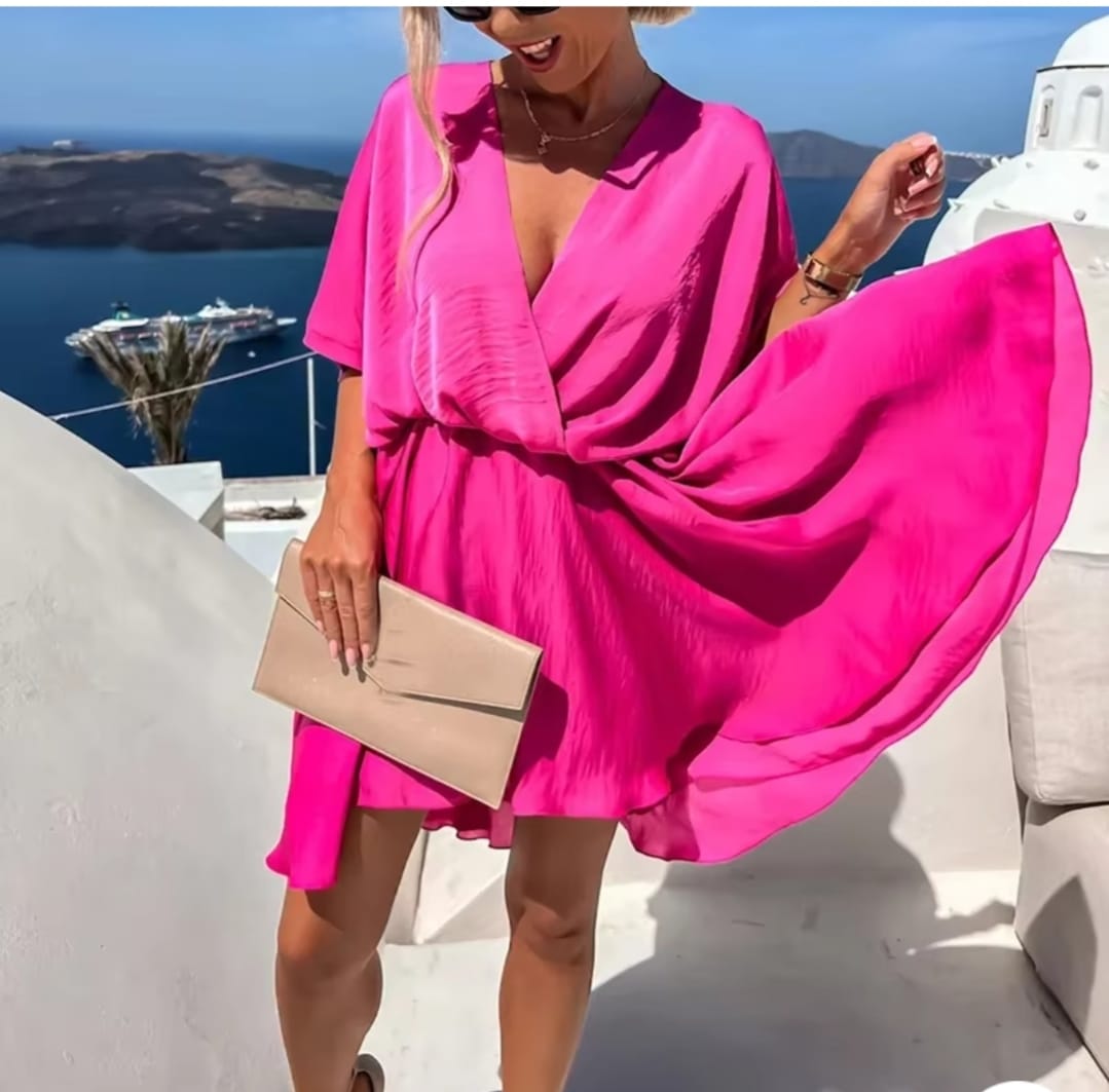 Sexy V Neck Dresses For Women Elegant Short Sleeve Solid A-line Loose Mini Dress