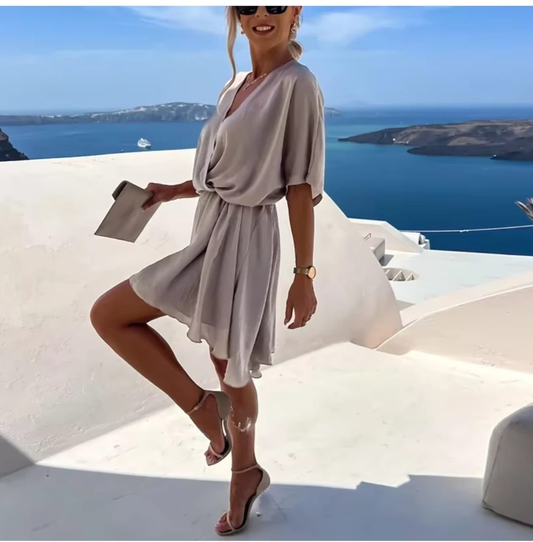 Sexy V Neck Dresses For Women Elegant Short Sleeve Solid A-line Loose Mini Dress