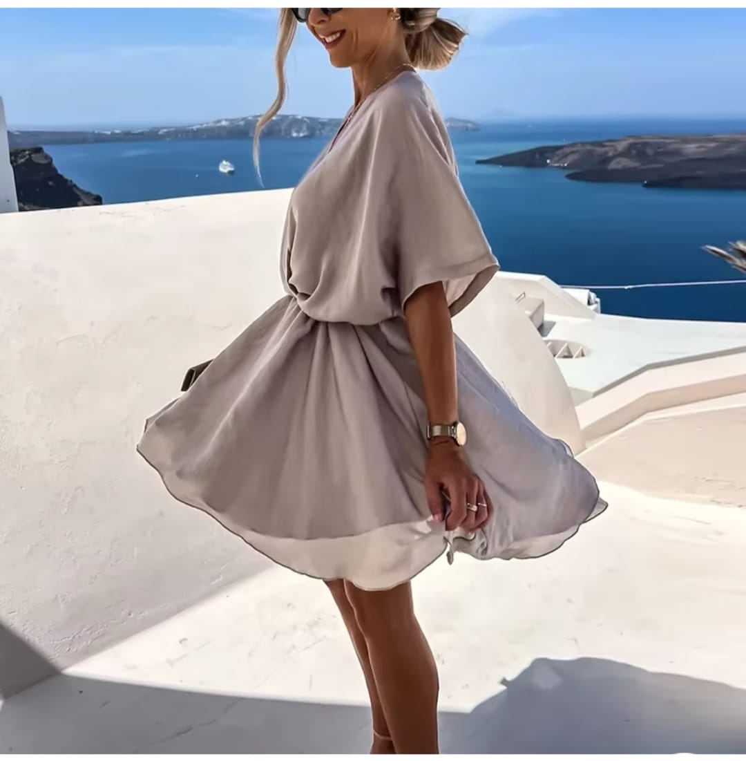 Sexy V Neck Dresses For Women Elegant Short Sleeve Solid A-line Loose Mini Dress