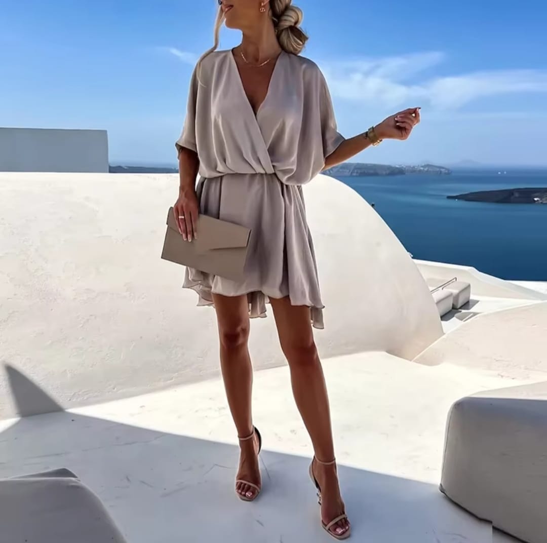 Sexy V Neck Dresses For Women Elegant Short Sleeve Solid A-line Loose Mini Dress