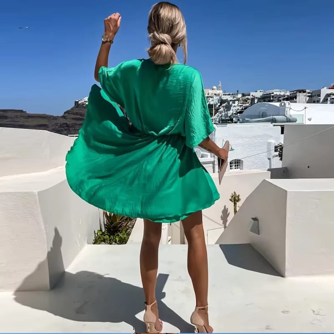 Sexy V Neck Dresses For Women Elegant Short Sleeve Solid A-line Loose Mini Dress