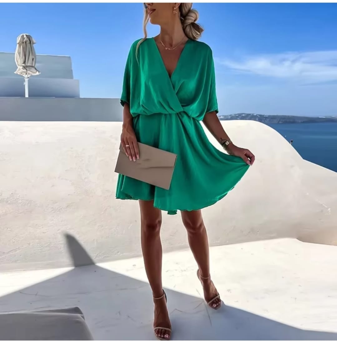 Sexy V Neck Dresses For Women Elegant Short Sleeve Solid A-line Loose Mini Dress