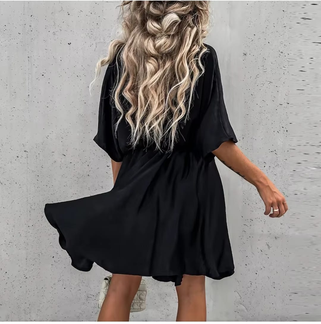 Sexy V Neck Dresses For Women Elegant Short Sleeve Solid A-line Loose Mini Dress