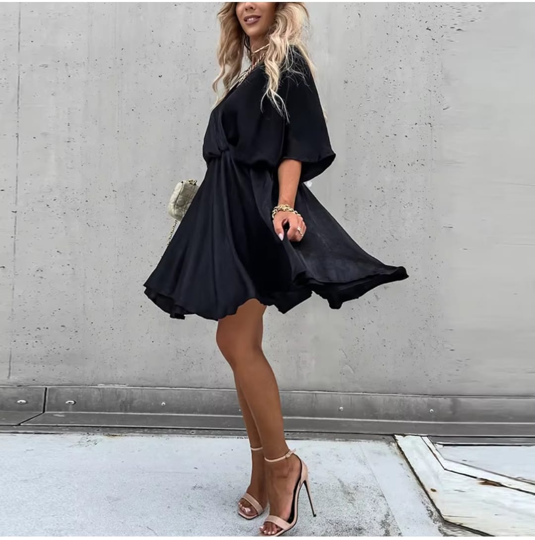 Sexy V Neck Dresses For Women Elegant Short Sleeve Solid A-line Loose Mini Dress