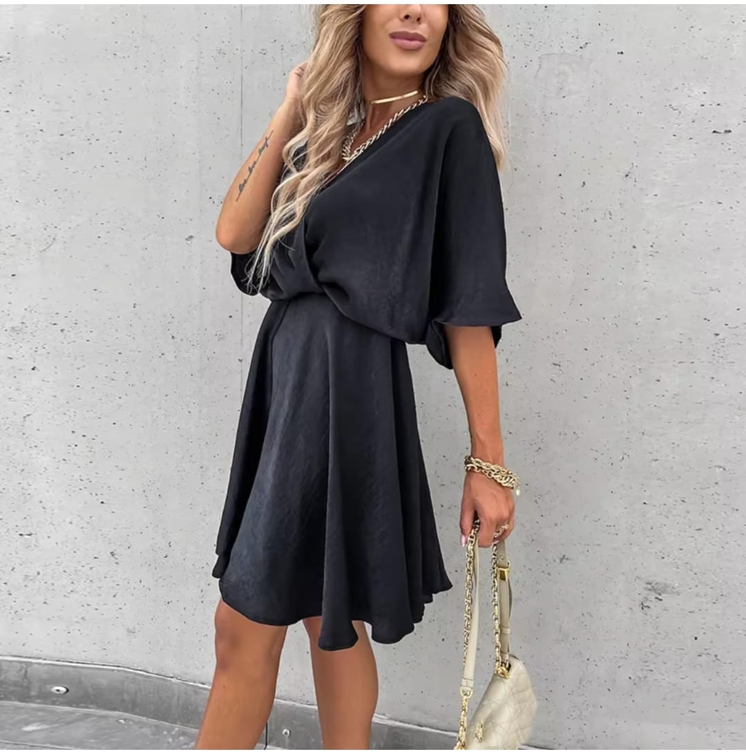 Sexy V Neck Dresses For Women Elegant Short Sleeve Solid A-line Loose Mini Dress