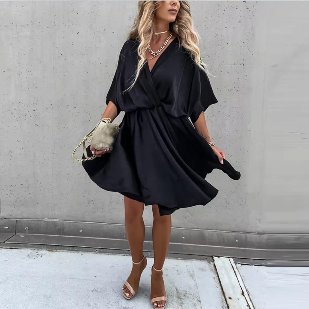 Sexy V Neck Dresses For Women Elegant Short Sleeve Solid A-line Loose Mini Dress