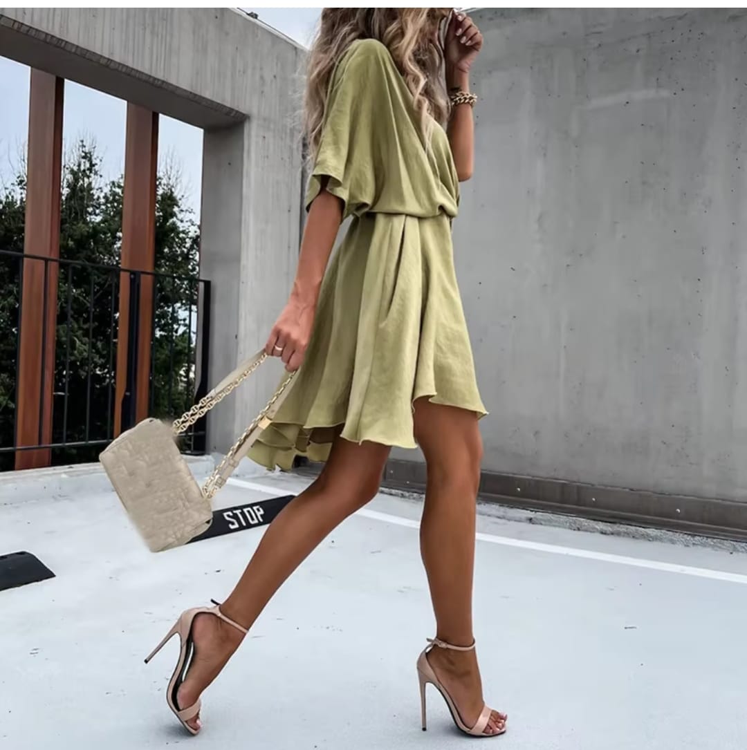 Sexy V Neck Dresses For Women Elegant Short Sleeve Solid A-line Loose Mini Dress