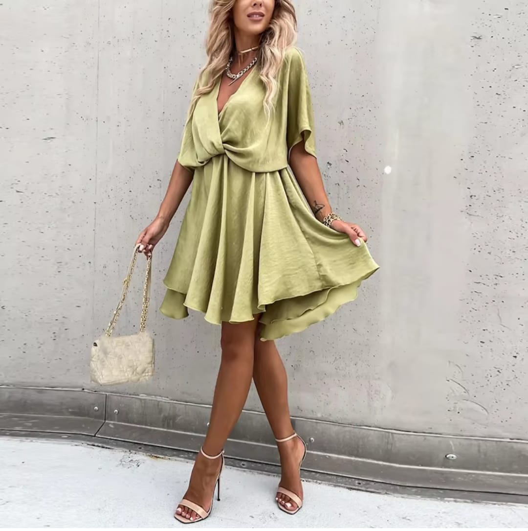 Sexy V Neck Dresses For Women Elegant Short Sleeve Solid A-line Loose Mini Dress