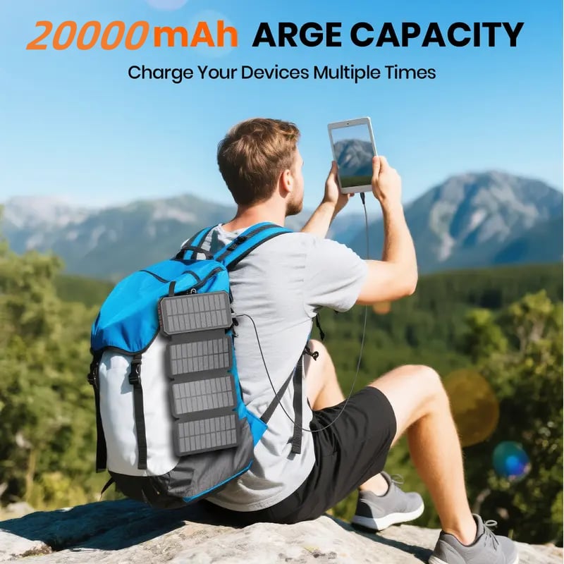20000mAh Solar Power Bank with Foldable Panels, Wireless Charging & LED Flashlight