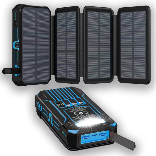 20000mAh Solar Power Bank with Foldable Panels, Wireless Charging & LED Flashlight