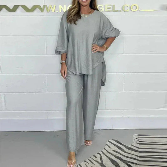 High set and wide leg trousers with long sleeves for women