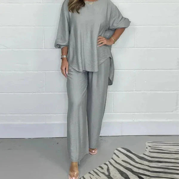 High set and wide leg trousers with long sleeves for women