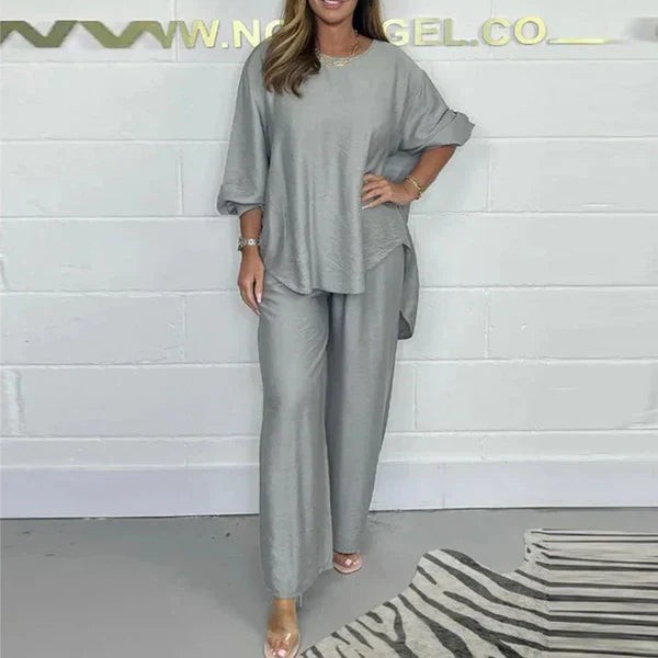 High set and wide leg trousers with long sleeves for women