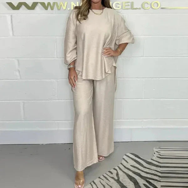 High set and wide leg trousers with long sleeves for women