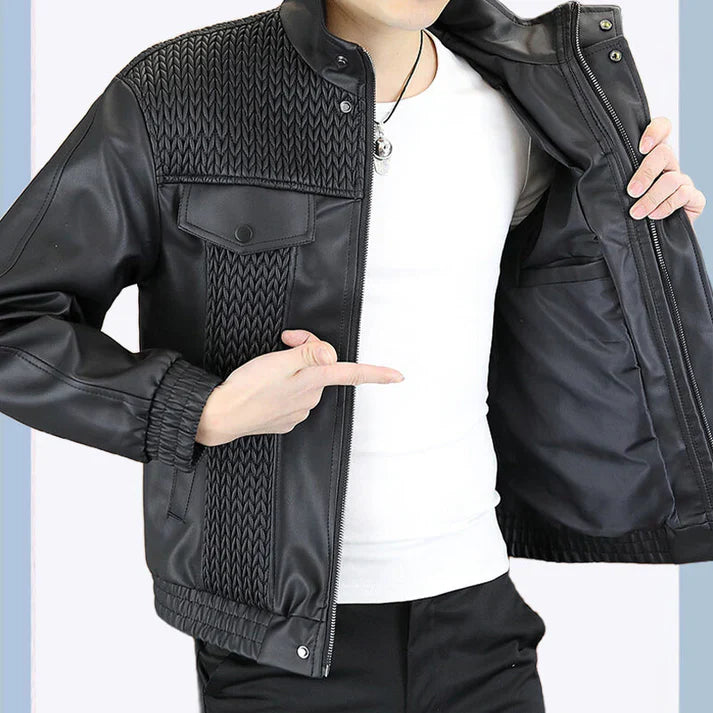 Men's Fashion Barley-Weave Leather Jacket